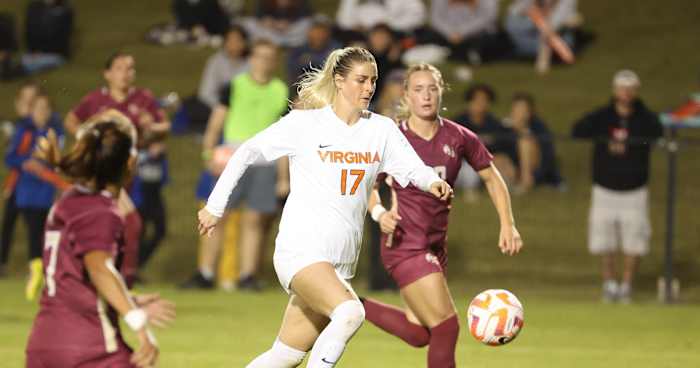 Virginia women's soccer forward Haley Hopkins dribbles against Florida State at Klockner Stadium.